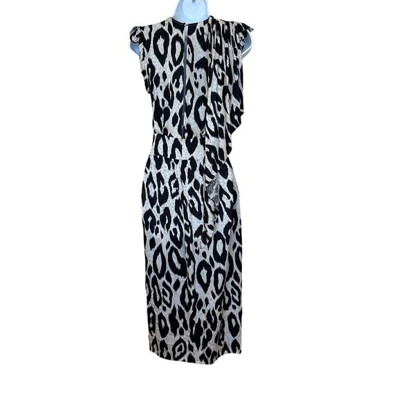 Ronny Kobo Zebra Print Ruched Silk Midi Dress Black White XS Work Designer $548 - Picture 4 of 6